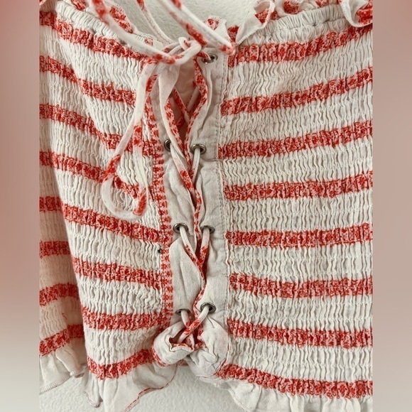 Free People Electric Love Red White Striped Lace Up Smocked Cropped Boho Top M - Picture 7 of 16